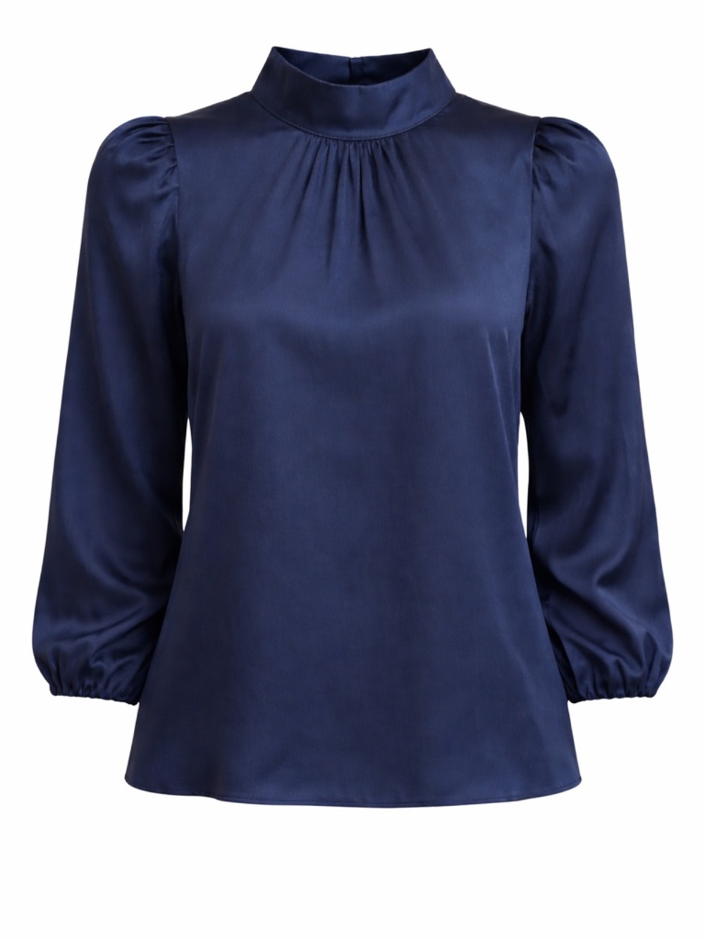 Greylin Navy Satin Blouse M Mock Neck Puff Sleeve Minimalist Chic